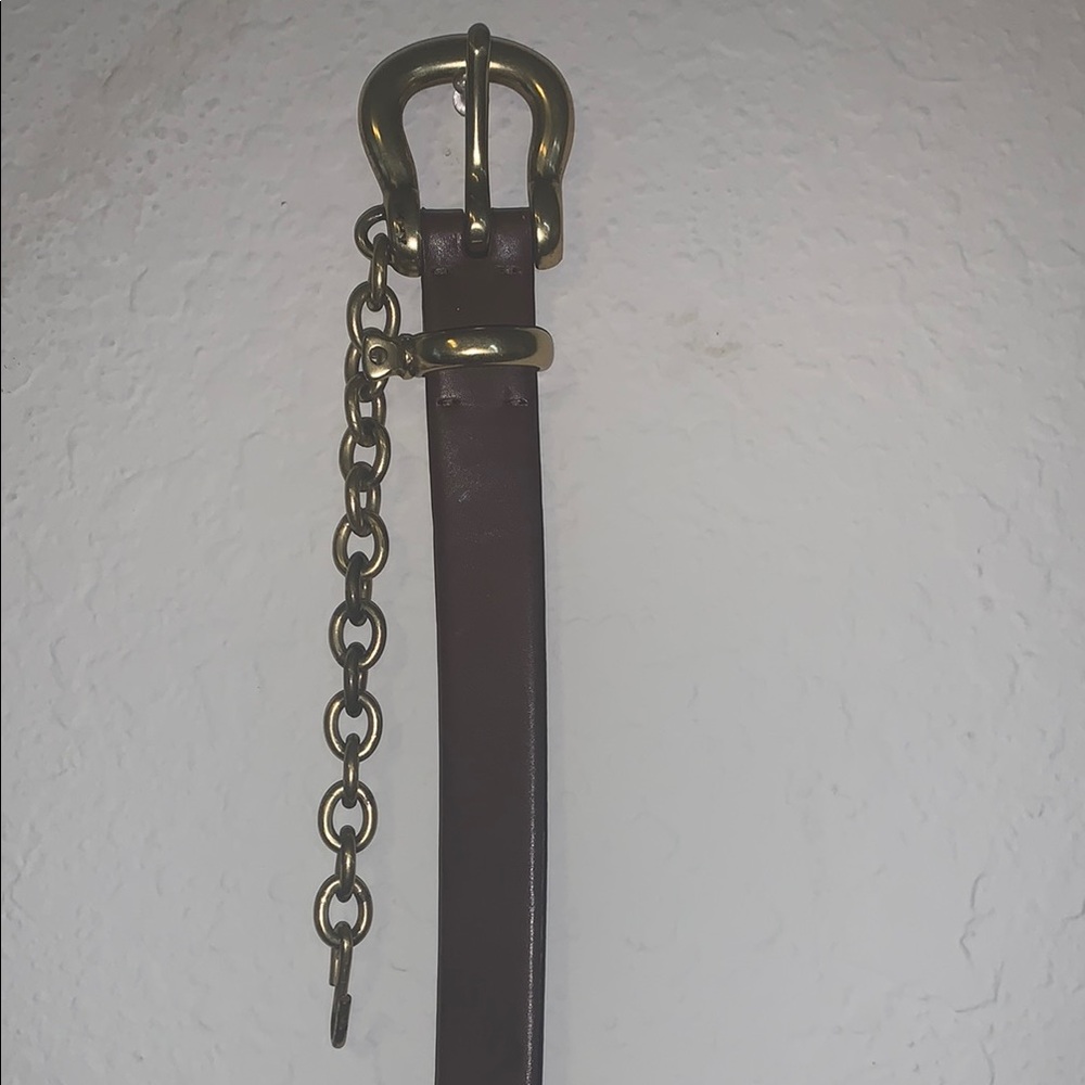 DKNY Brown Genuine Leather Belt with Gold Chain Accent